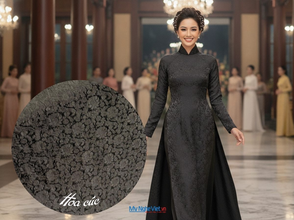 Vải Lụa Hà Đông Hoa Cúc Đen 70% tơ tằm 3.7m khổ 90cm