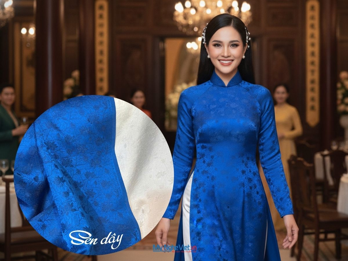 Bộ Áo Dài Lụa Hà Đông Sen Dây Xanh 70% tơ tằm (Áo 3,7m + Quần 2,3m) khổ 90 cm
