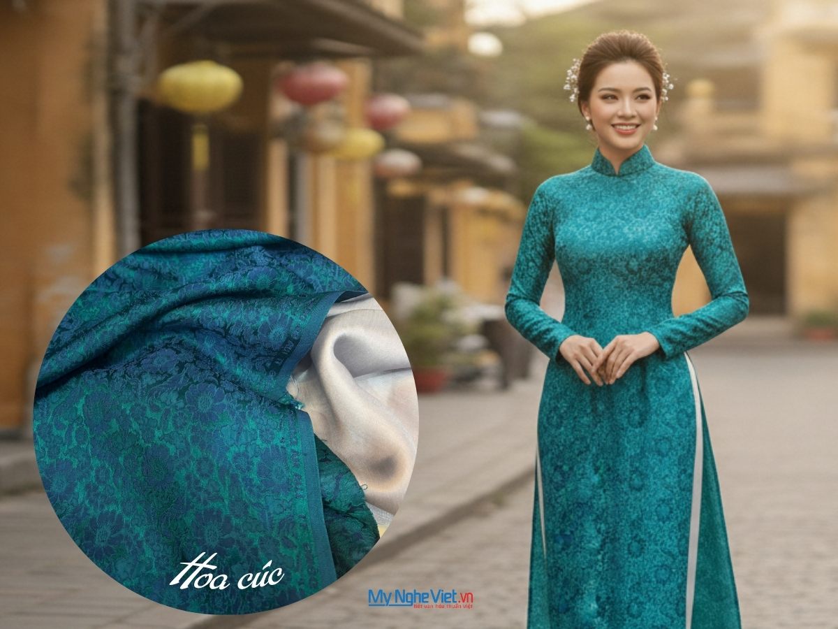Bộ Áo Dài Lụa Hà Đông Hoa Cúc Xanh 70% tơ tằm (Áo 3,7m + Quần 2,3m) khổ 90 cm