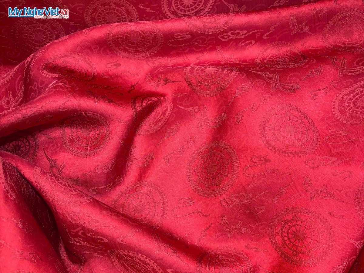 Vải Lụa Hà Đông Họa Tiết Trống Đồng Màu Đỏ Đô 70% Tơ Tằm Khổ 90cm LHD88-2