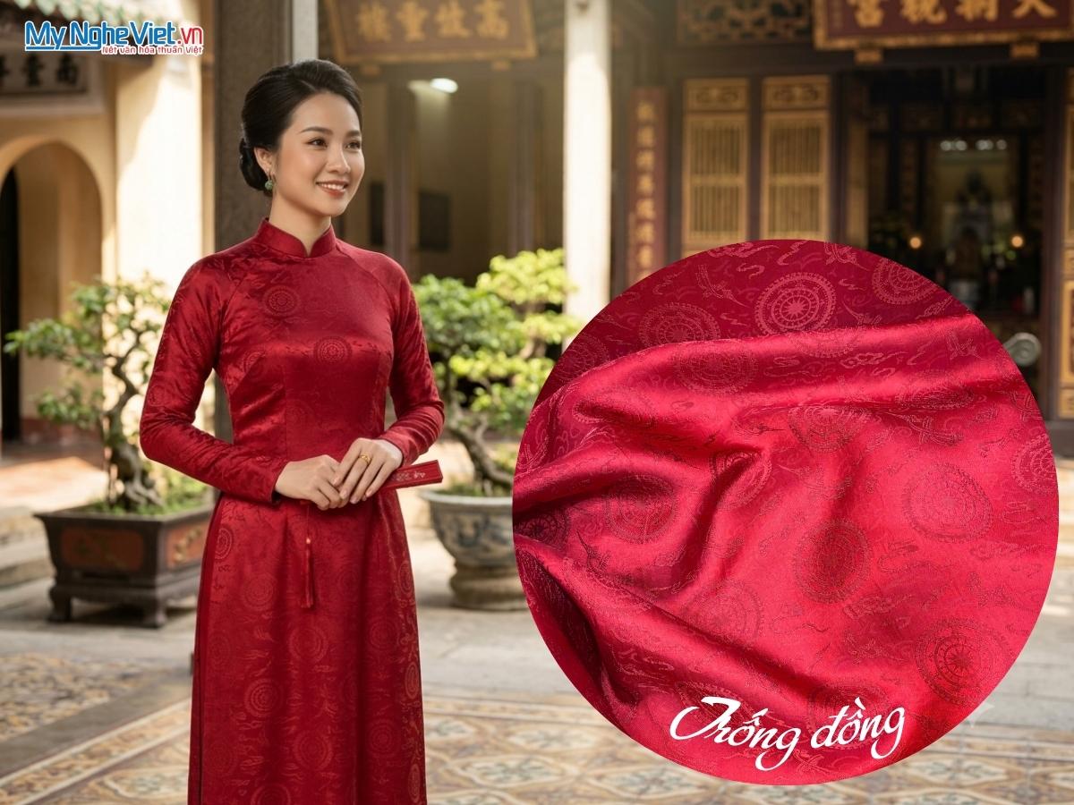 Vải Lụa Hà Đông Họa Tiết Trống Đồng Màu Đỏ Đô 70% Tơ Tằm Khổ 90cm LHD88-2