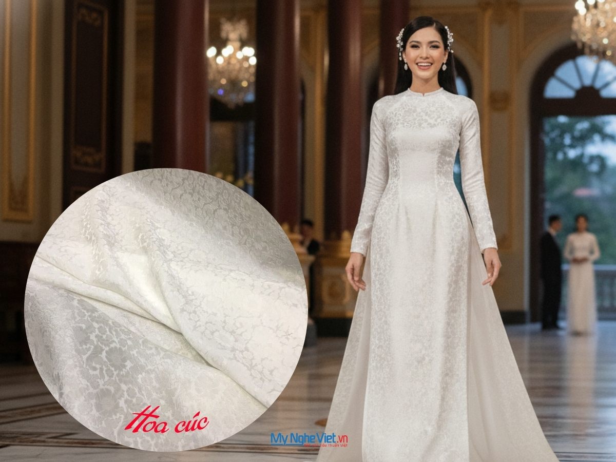 Vải lụa Hà Đông Hoa Cúc trắng 3.7m khổ 90cm
