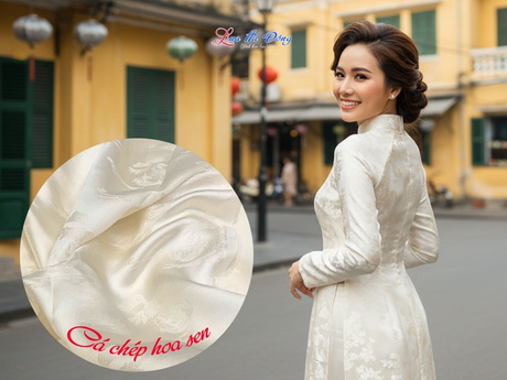 Vải lụa HĐ cá chép hoa sen 100% silk trắng ngọc trai 1m2 2m7 LNL27/1
