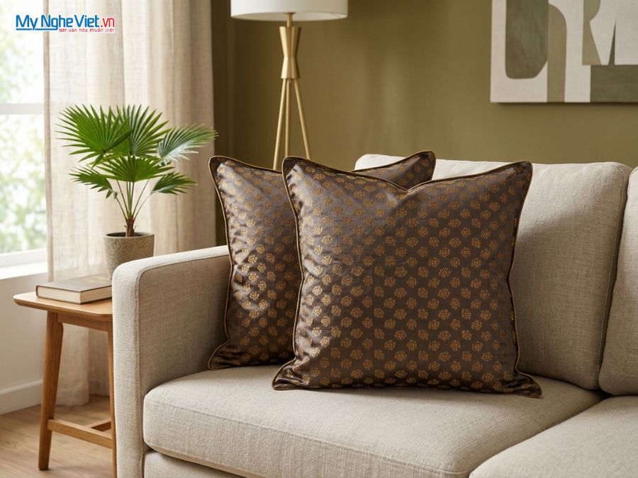 Vỏ Gối Lụa Hà Đông Họa Tiết Hoa Nhí Màu Đồng Đen LNL4040/9