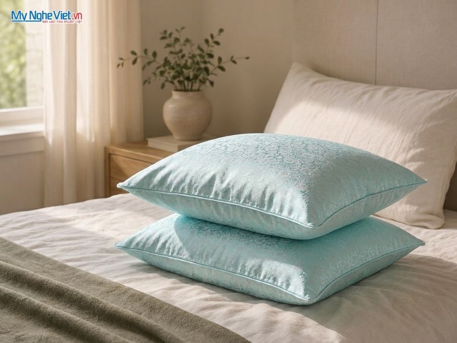 Vỏ Gối Lụa Hà Đông Họa Tiết Hoa Cúc Màu Xanh Mint LNL4040/5