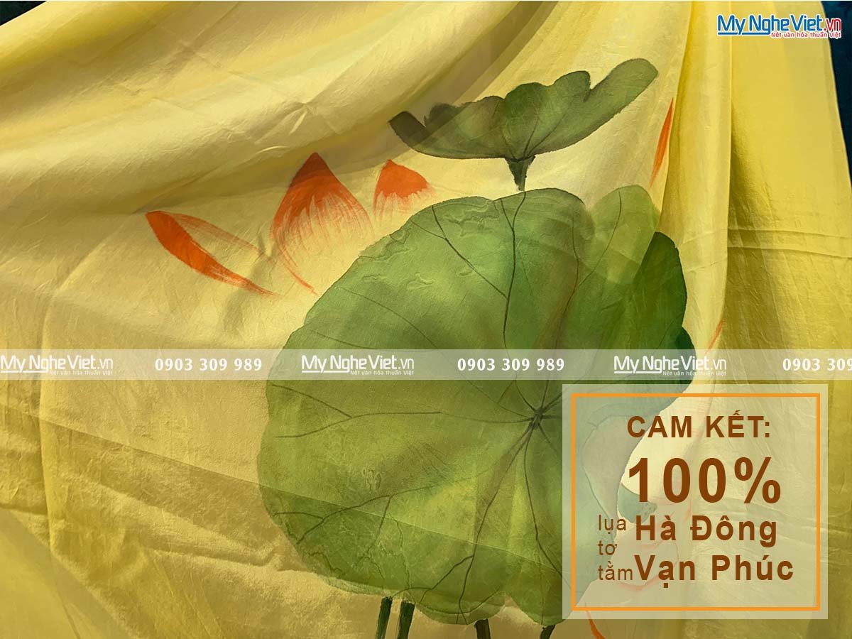 Khăn Lụa Hà Đông Vẽ tay Sen Vàng 90x180 MNV-KLTA9180-3